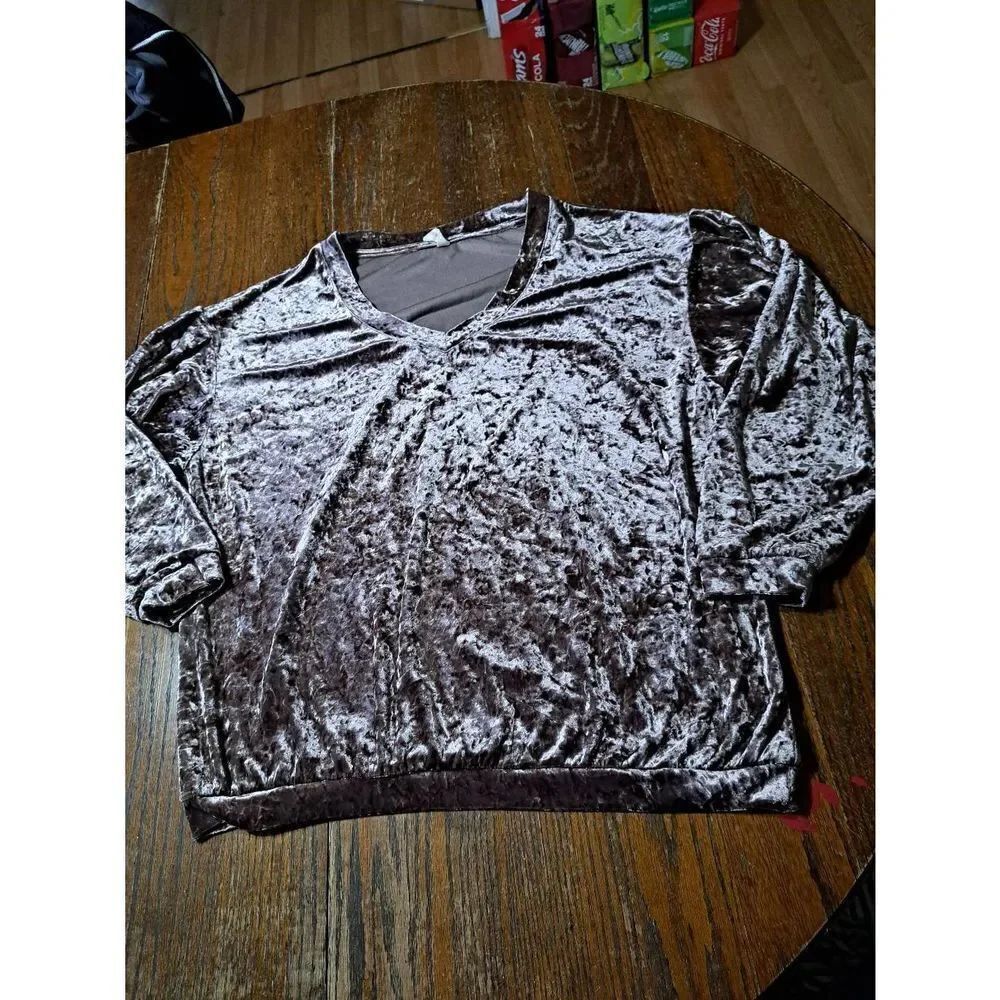 Small Wishlist Brown Purple Long Sleeve VNeck Oversize Tunic Velour Shirt Blouse